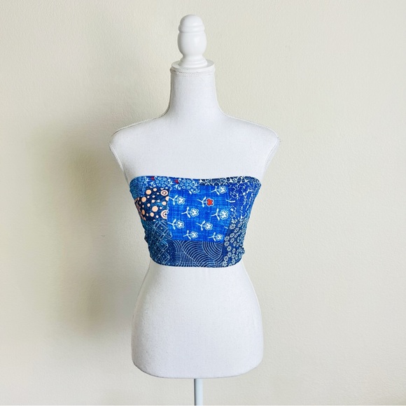 RaveWithMiGente Blue Paisley Bandana Patchwork Bandeau Strapless Tube Top - Picture 1 of 5